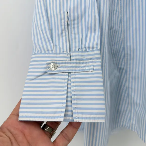 Club Monaco Blue White Striped Tunic Shirt Blouse Covered Placket Cuffed Small - Image 2