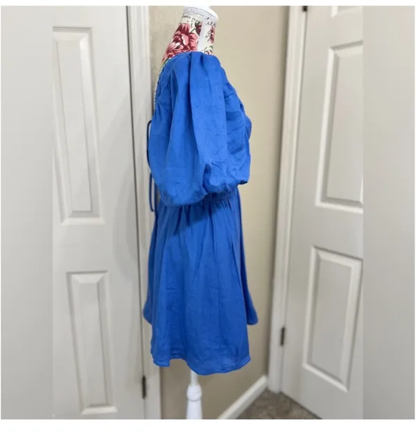 Amalie - linen plunge puff sleeve mini linen dress in blue - Image 3