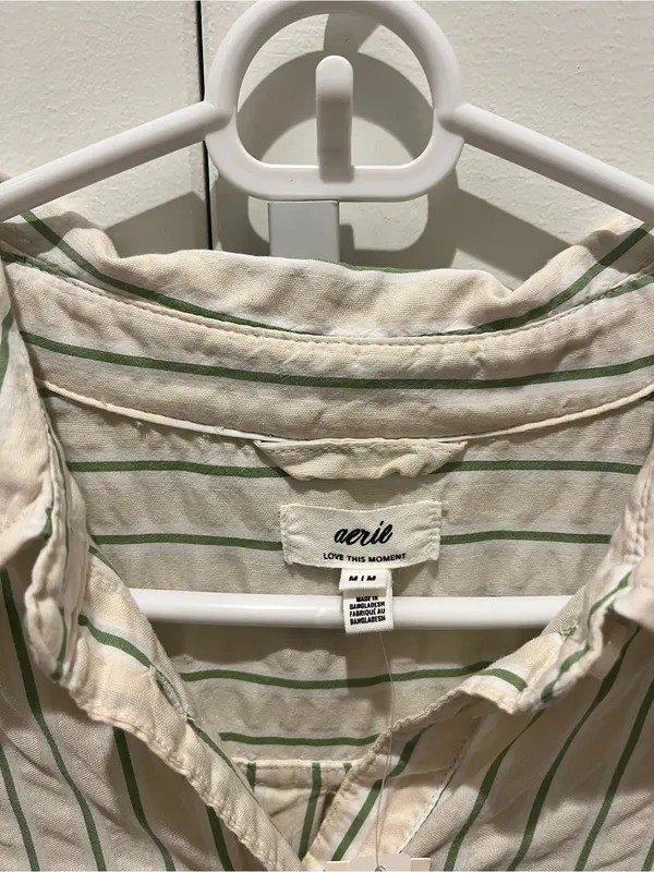 aerie Cream and Green Vertical Stripe Button-Down sleep Shirt NWT - Image 4