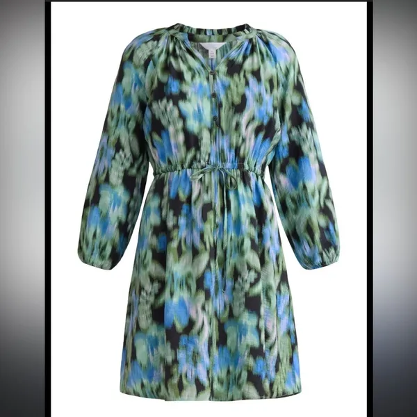 Boho Chic Ruffle Neck Mini Dress Party Green /Blue Patterned Mini Dress S - Image 2