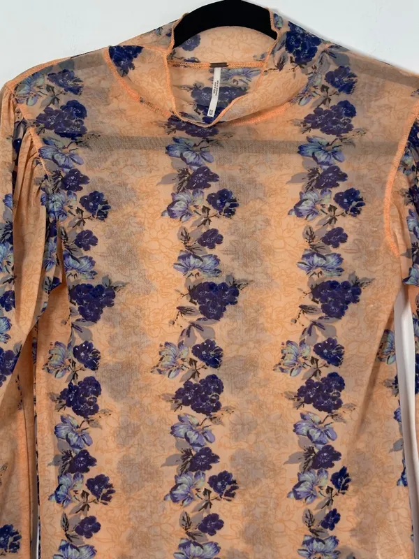 Free People Size XS Coral Floral High Neck Mesh Top Long-Sleeve Sheer Boho - Image 3