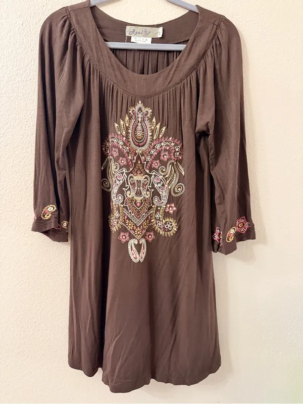Real Brown Embroidered Boho Tunic Dress Size L Paisley 3/4 Sleeve - Image 2