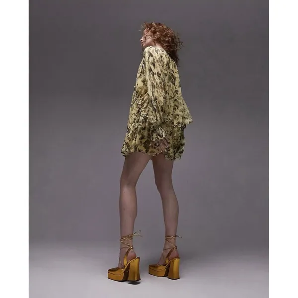 Topshop Yellow Floral‎ Sheer Ruffle Tie Mini Dress US 6 Boho Chic Romantic NWT - Image 3