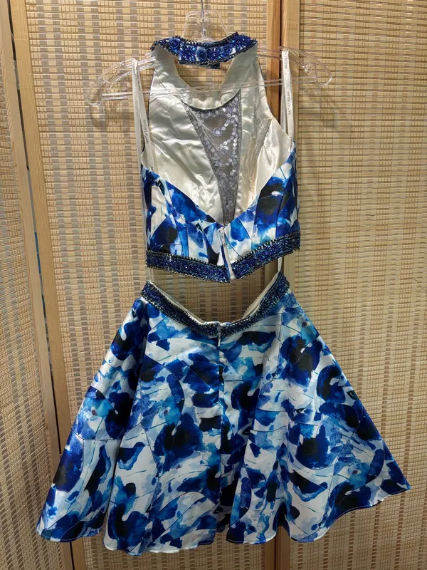 Rachel Allen Blue Floral Beaded Two-Piece Prom Dress - Image 8