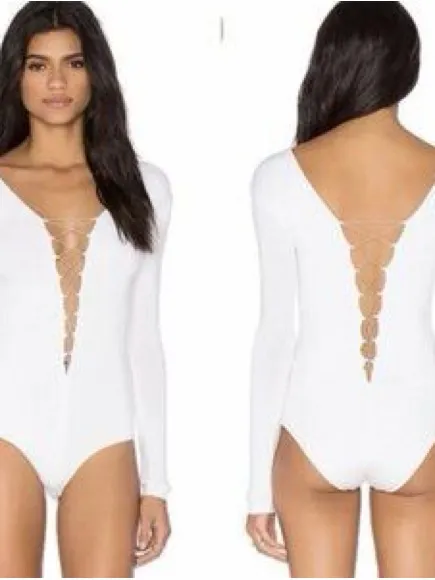 T by Alexander Wang White Long-Sleeve Lace-Up Plunge Bodysuit - Image 2