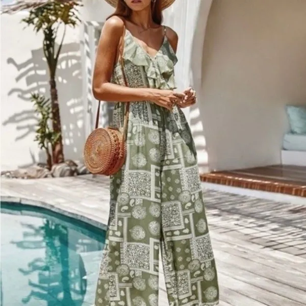 Bohemian Light Green Jumpsuit with Ruffles – XL - Image 2