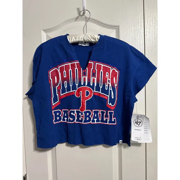 Philadelphia Phillies Oversized‎ Rhinestone Crop Top Tee Baseball MLB Sporty S - Image 3