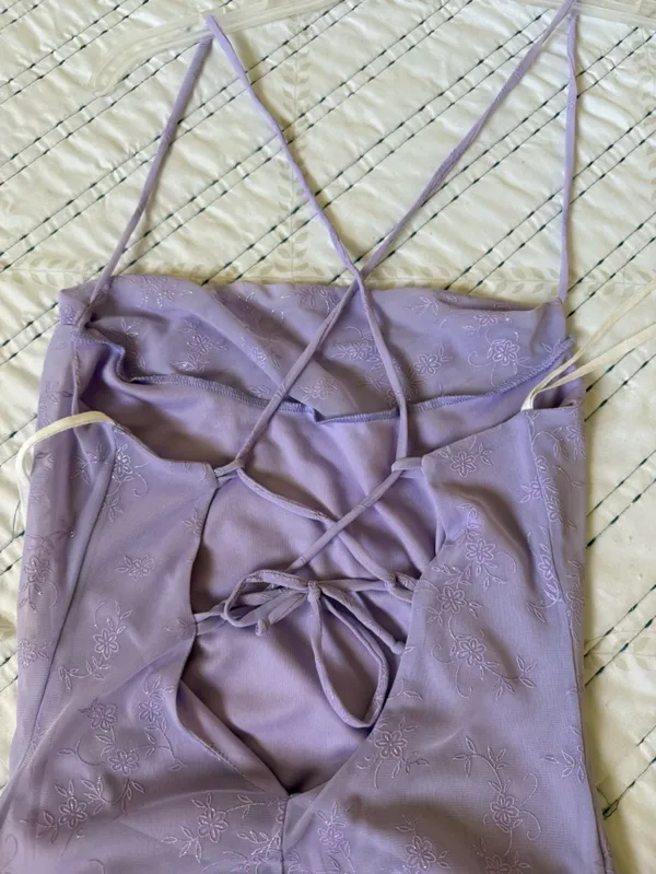 Vintage Y2K Lavender Cowl Neck Lace Up Back Floral Mesh Midi Dress Fairycore - Image 9