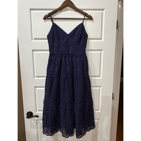 Crown & Ivy Navy Eyelet Midi Dress Sewing Down South Size 4 Preppy Coastal - Image 2