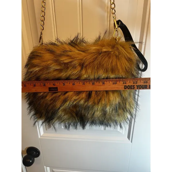 Faux Fur Shoulder Crossbody Bag Brown Gold Chain Cozy Winter Plush Handbag Purse - Image 5