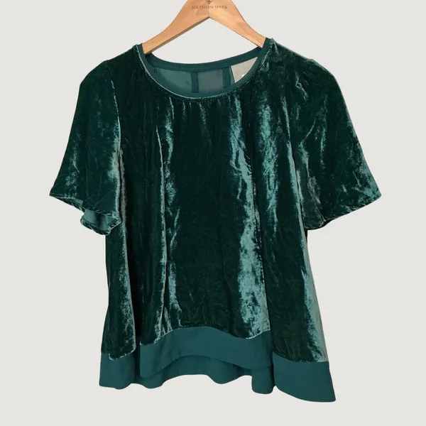 Maeve Anthropologie Forest Green Crushed Velvet Sheer Back Top Small - Image 3
