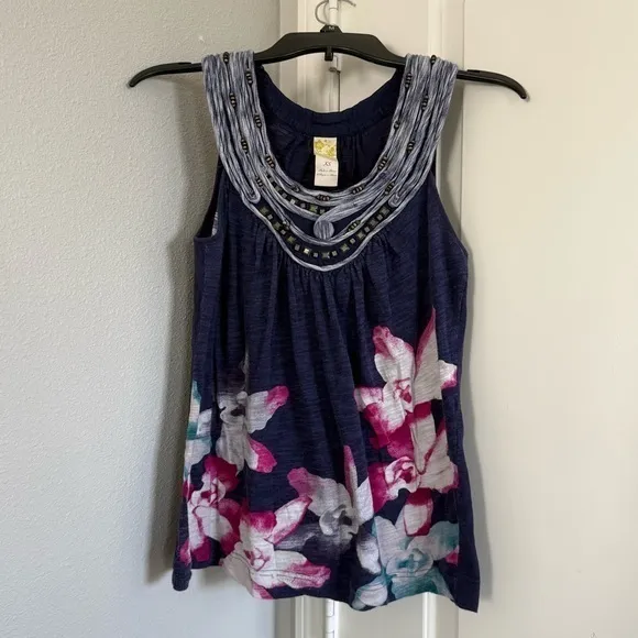 Anthropologie XS Navy Floral Tank Top Boho Beaded Scoop Neck Embellished Blouse - Image 6