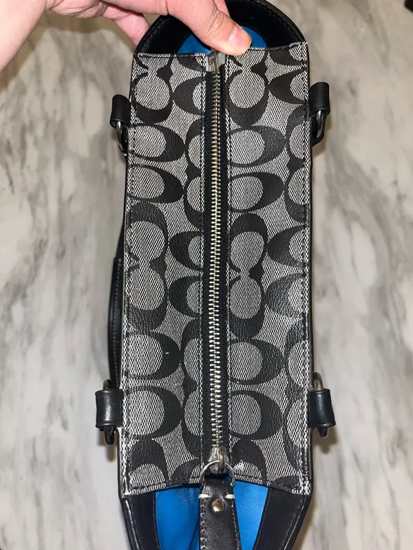 Coach Signature Stripe Tote Black Gray Canvas Leather Shoulder Bag - Image 9