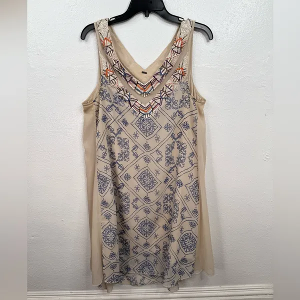 Free People Dress Womens M Beige Beaded Shift Short Sleeveless V-Neck Boho - Image 3