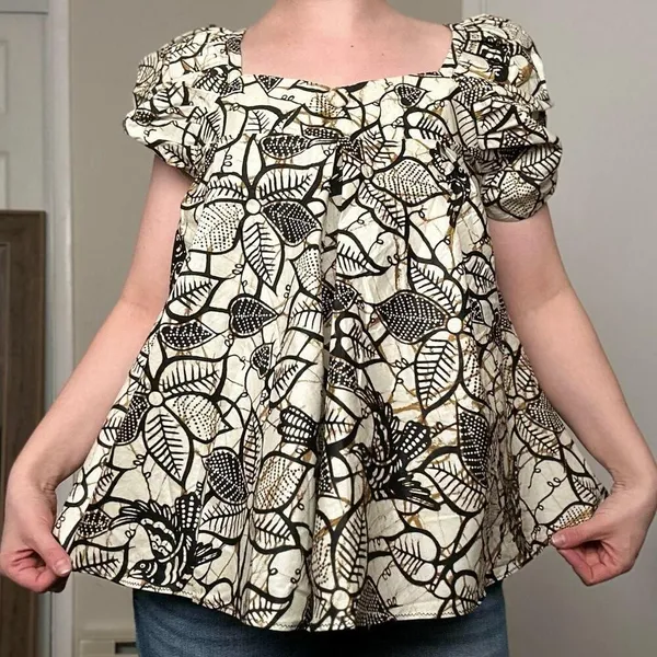 Handmade Puff Sleeve Botantical Print Neutral Babydoll Sqaure Neck / Back Top - Image 2