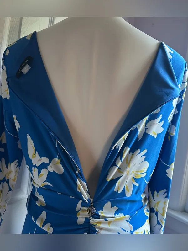 TOMMY HILFIGER Blue & White Floral Draped Midi 3/4th Sleeves Dress Sz 12 - Image 9