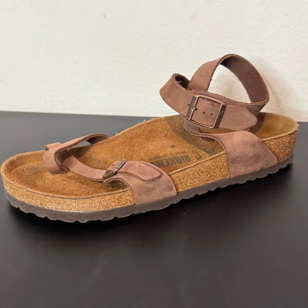 Birkenstock Yara Sandals Mens 9 Womens 11 Brown Leather Ankle Wrap Toe Loop - Image 3