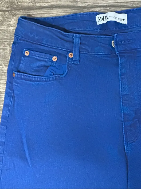 ZARA Women’s Cobalt Blue Flare Jeans Size 10 Raw Hem High Rise Pants - Image 8