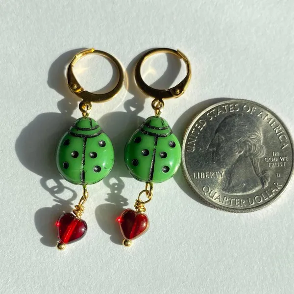 Handmade Czech glass beads lady bug & heart cute dangle earrings🐞💚❤️ - Image 3