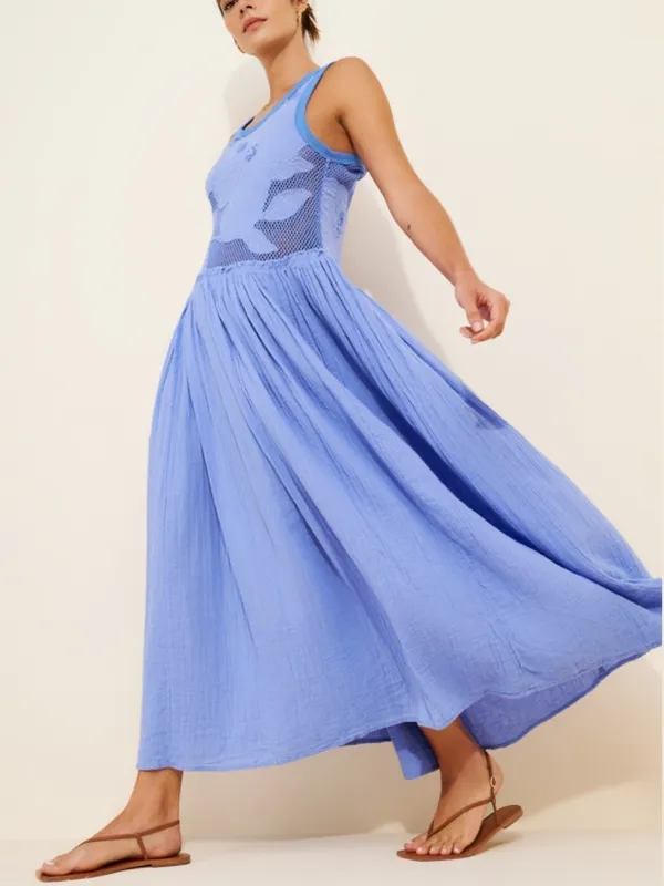 Free People Pearl Floral Maxi Dress Periwinkle Blue Cotton Crochet Knit Sz Small - Image 3