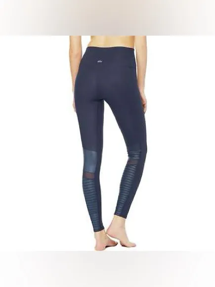 ALO navy moto leggings high waisted rise mesh ribbed y2k rich glossy - Image 11