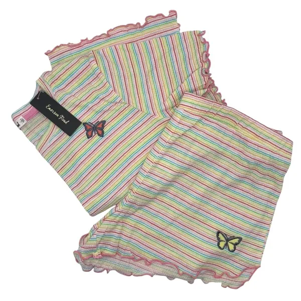 Emerson‎ Road Pajama Set Women Large Yellow Pink Striped Butterfly Sleepwear NWT - Image 2