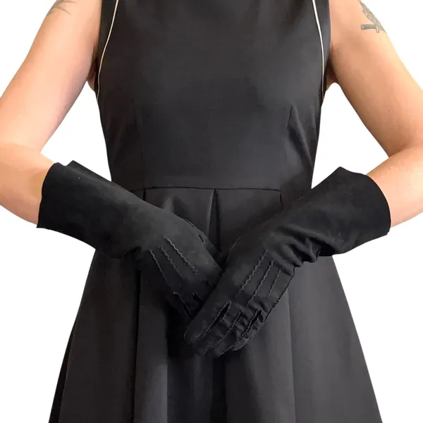 Vintage Leather-Tailored Black Fabric Forearm Long Evening Gloves Size 7 - Image 2