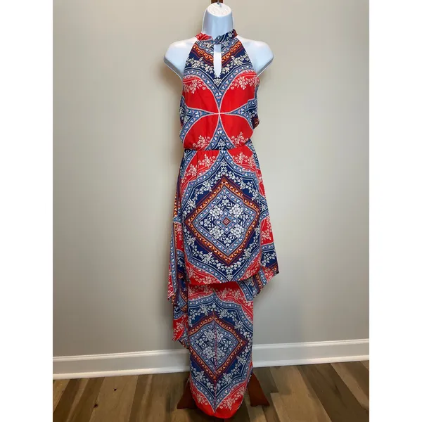 As You Wish Boho High‑Low Halter Dress Orange & Blue Size L - Image 4