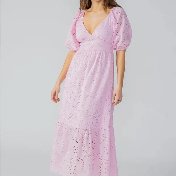 Sanctuary Ruffle Puff Sleeve Eyelet Maxi Dress Pink‎ Size 4 NWOT - Image 6