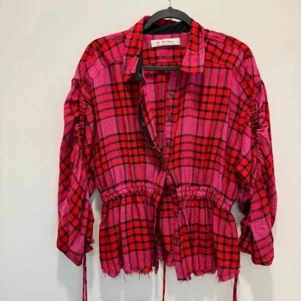 Free People pacific dawn red plaid button down shirt s - Image 4