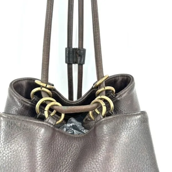 Stone Mountain Dark‎ Chocolate Brown Pebbled Leather Brass Grommet Bucket Bag - Image 4