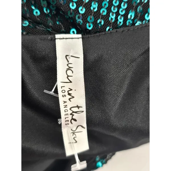 Lucy in the Sky Dress Womens M Sequin Cowl Neck Teal Green Ruched Mini EUC - Image 3