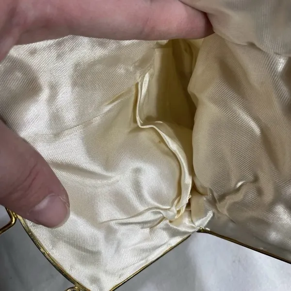 Vintage White Beaded Evening Bag Floral Beadwork Gold Metal Frame Satin Lining - Image 8