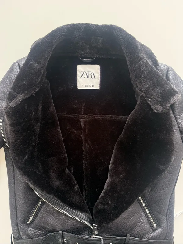 Zara Faux Leather/Fur Black Biker Jacket Size Small - Image 8