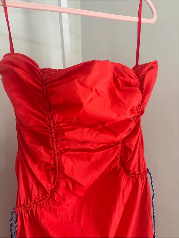 Staud Romina Dress Strapless Ruched Tomato Red Midi Dress Women’s Size 12 - Image 5