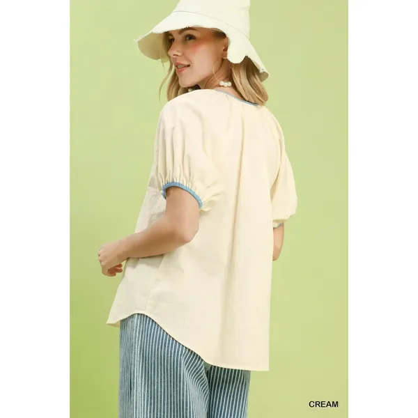 Umgee Contrast Trim Button Front Puff Sleeve‎ Blouse - Small - Image 3