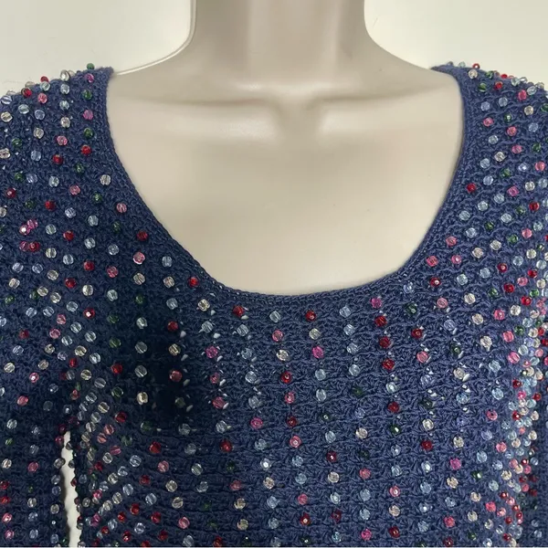 NWT DOEN Solandis Navy Beaded Crochet Long Sleeve Knit Mini Bodycon Dress sz M - Image 9