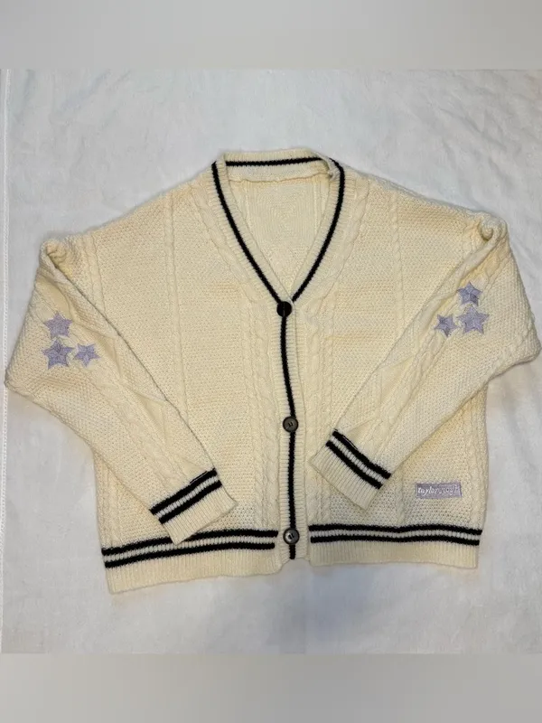 Cardigan Cream Star Knit Sweater Size Large - Image 5