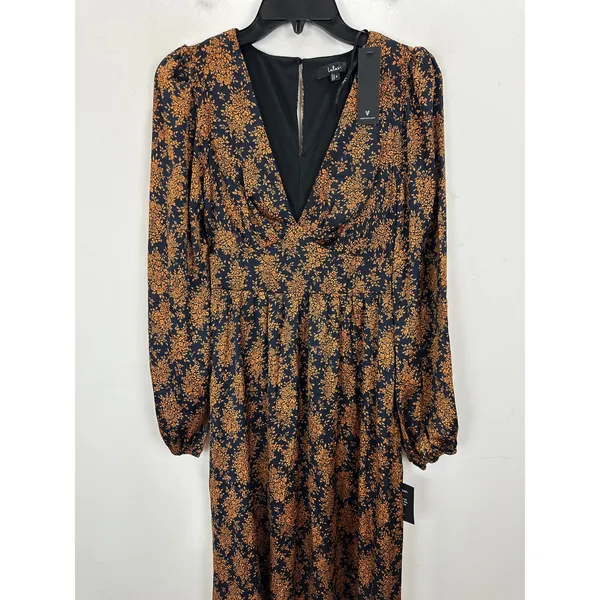 Lulus Graceful Impression Black and Orange Floral Print Midi Dress Satin S NWT - Image 7