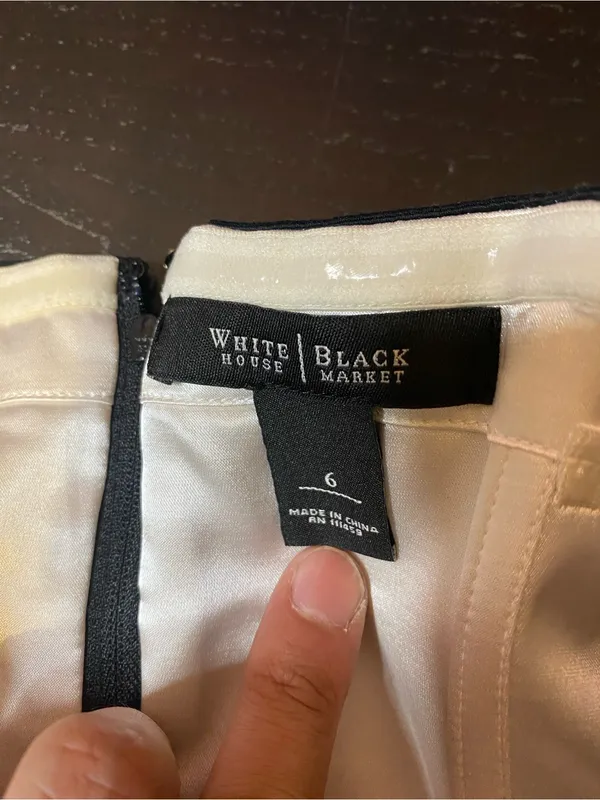 White House | Black Market Black and Cream Patterned Strapless Top - Image 2