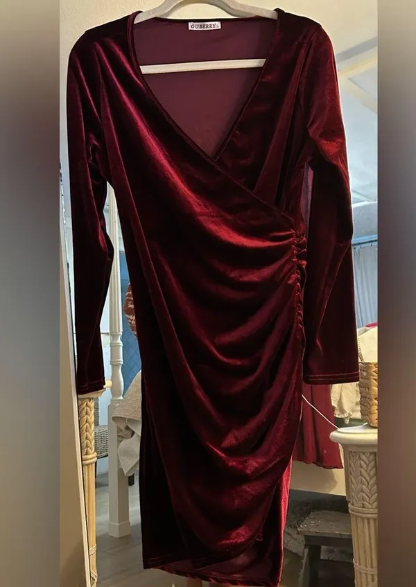 NEW Velvet Wrap V Neck L/S Ruched Cocktail Evening Party Dress L - Image 4