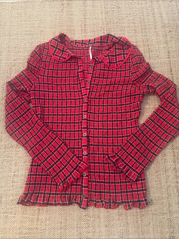 Free People Caught A Feeling Smocked Button-Up Top Shirt Size Large Red Black - Image 2