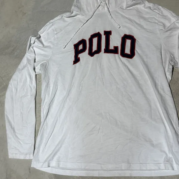 Polo Ralph Lauren Women's White Pullover Hoodie Big POLO Patch SZ L Lightweight - Image 4
