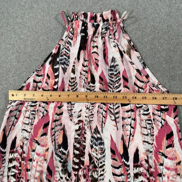 Pants Store Pink Feather Peacock Print Mini Dress Size Medium High Neck Halter - Image 5