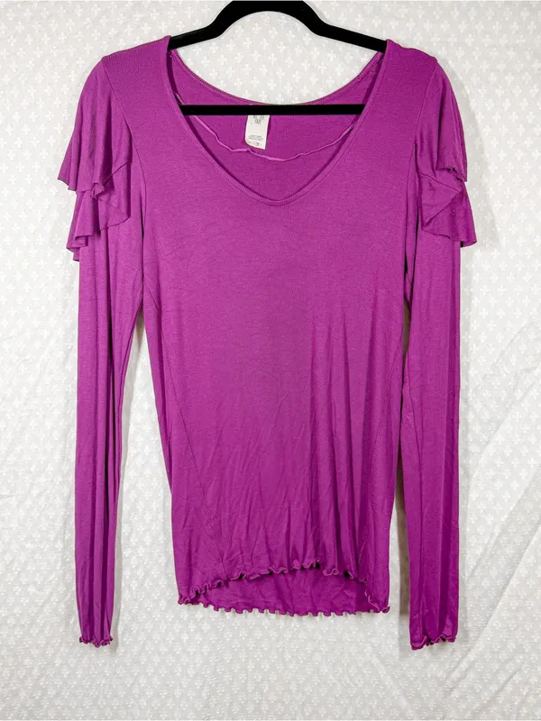 Free People We The Free Purple On Rewind Micro Rib Ruffle Long Sleeve Top - Image 2