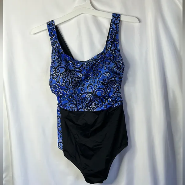 Studio Works Black blue Pleated Front Built-in Bra 1 Pcs Swimsuit SZ 16W - Image 2