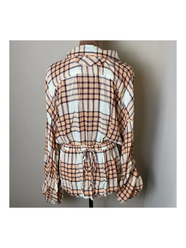 We The Free People Pacific Dawn Plaid Shirt Womens Medium Peach Ivory Boho Top - Image 3