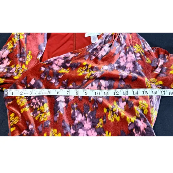 London Times Size 6 Rust Floral Velvet Asymmetric Neck Long Sleeve Flounce Dress - Image 7