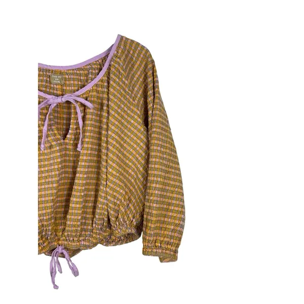 Free EST Free People Boho Mustard Plaid Blouse Peasant Top Balloon Sleeve Tie - Image 5