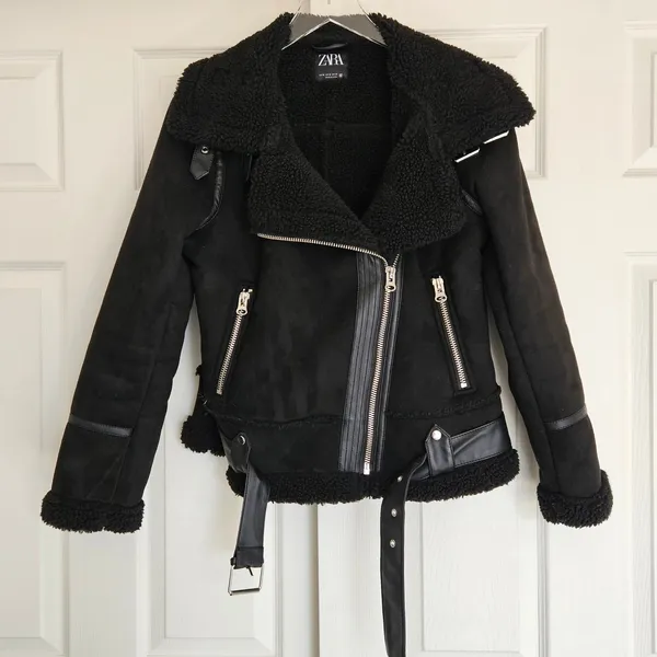 ZARA Women's Double Sided Jacket Faux Suede Shearling Moto Aviator Size Medium‎ - Image 4